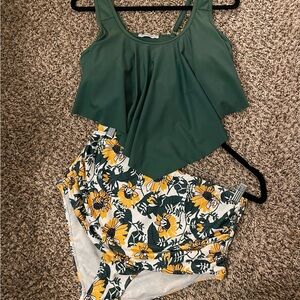 NEW Two-Piece Swimsuit - Green Top and Floral High-Waisted Bottoms